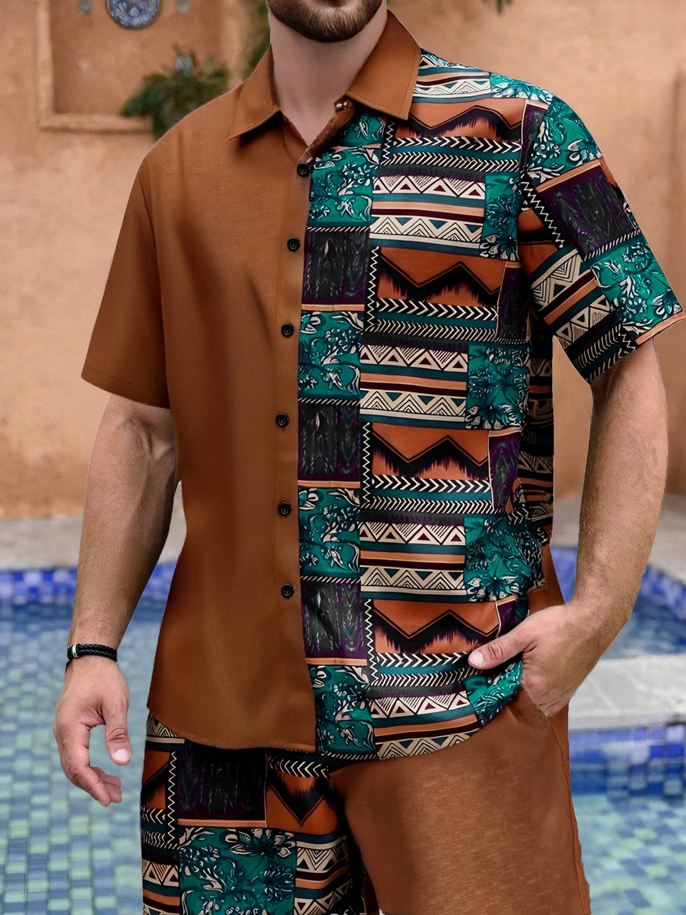 Ethnic Outfit - Men's Khaki Ethnic Print Patchwork Casual